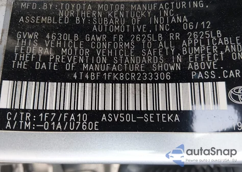 2012 Toyota Camry L из США, поврежденный, VIN 4T4BF1FK8CR233306